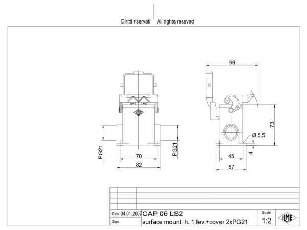 surface mounting housing, high, size 44.27, C-TYPE alu, 1 lever, 2xPG21 side, cov.