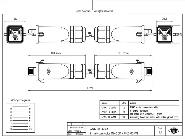 patch cable, 2,0m, with 2xRJ45 insert CJ KM+CX 8 JM into plastic housing MKG VN20