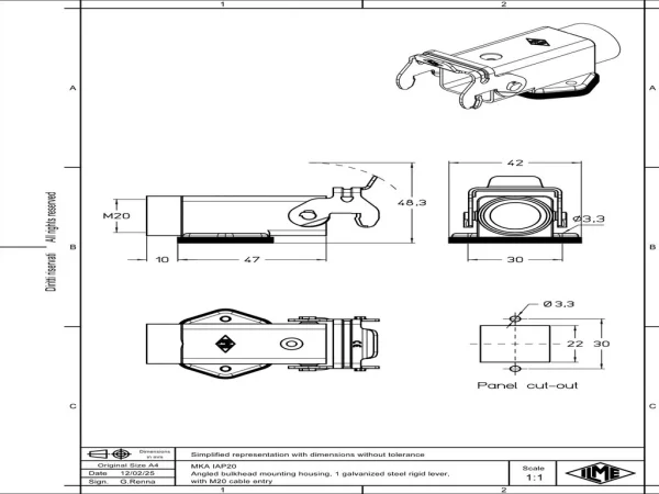 bulkhead mounting housing, angled, size 21.21, CKA zinc, 1 rigid lever steel, 1xM20 side