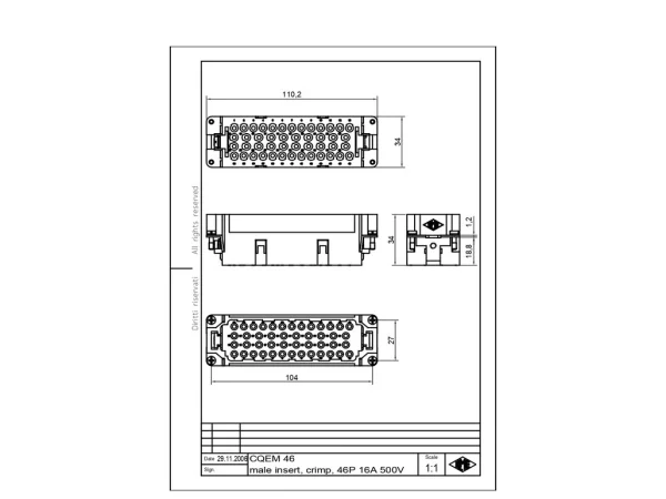 male insert, size 104.27, 46p+PE, crimp, 16A, 500V