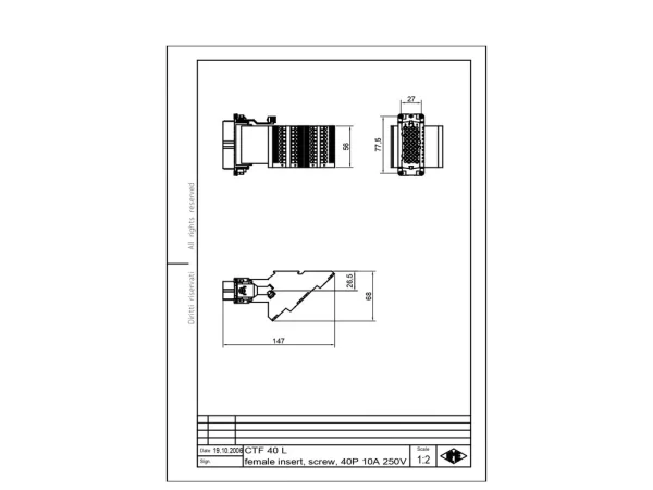 female insert, size 77.27, 40p+PE, silver, screw, 10A, 250V, left