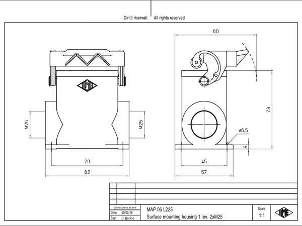 surface mounting housing, high, size 44.27, C-TYPE alu, 1 lever, 2xM25 side