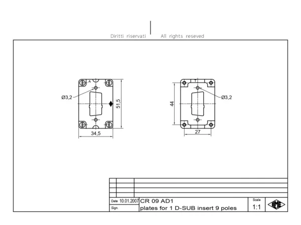 adapter plate, size 44.27, for D-SUB 9p+GND