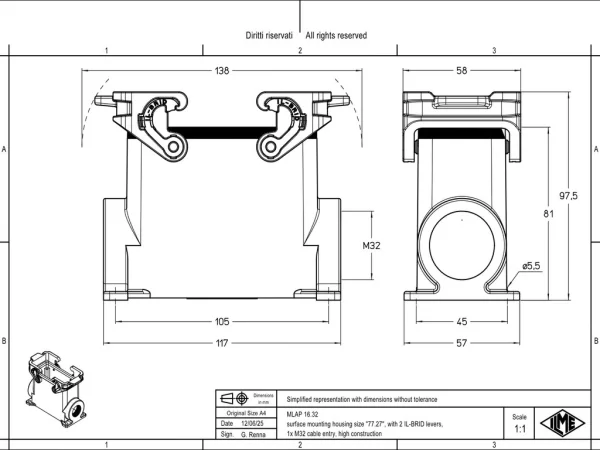 surface mounting housing, size 77.27, IL-BRID stainless steel, 2 levers, 1xM32 side