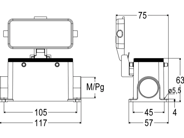 surface mounting housing, size 77.27, C-TYPE alu, 4 pegs, 1xM25 side, cover metal