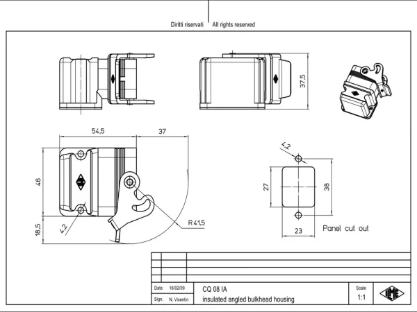 bulkhead mounting housing, angled, size 32.13, CQ plastic, 1 lever