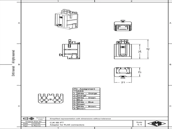 adaptor, size 21.21, with RJ45 IDC female insert, configuration T568B
