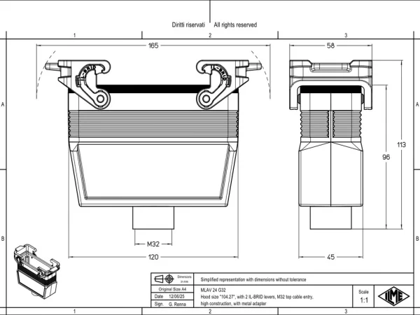 hood, size 104.27, IL-BRID stainless steel, 2 levers, 1xM32 top