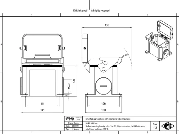 surface mounting housing, size 104.62, 180°C alu, 1 lever, 1xM40 side, cover metal
