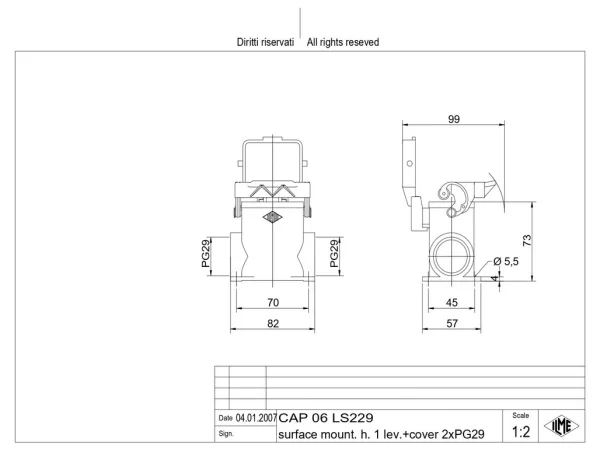 surface mounting housing, high, size 44.27, C-TYPE alu, 1 lever, 2xPG29 side, cov.