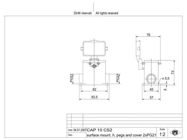 surface mounting housing, high, size 57.27, C-TYPE alu, 4 pegs, 2xPG21 side, cov.