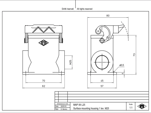 surface mounting housing, high, size 44.27, C-TYPE alu, 1 lever, 1xM25 side