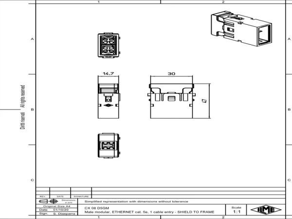 male insert, MIXO, 1MU, 8p, crimp, 10A, 50V, megabit, with contact to PE