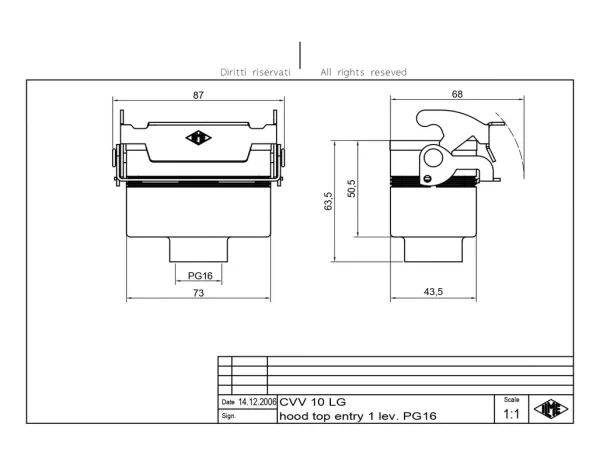 hood, size 57.27, V-type alu, 1 lever, 1xPG16 top