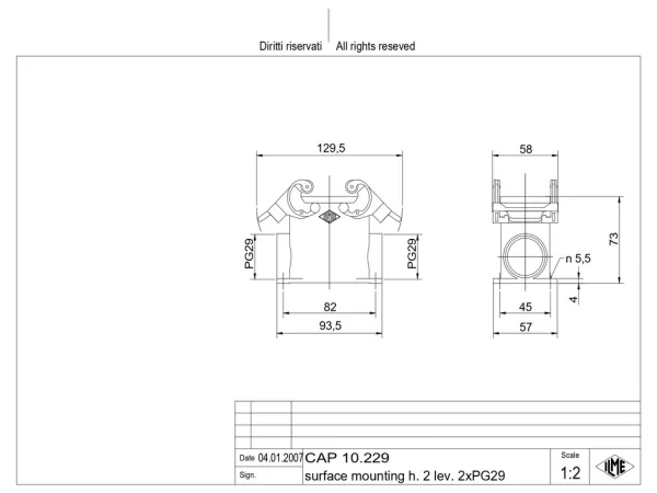 surface mounting housing, high, size 57.27, C-TYPE alu, 2 levers, 2xPG29 side