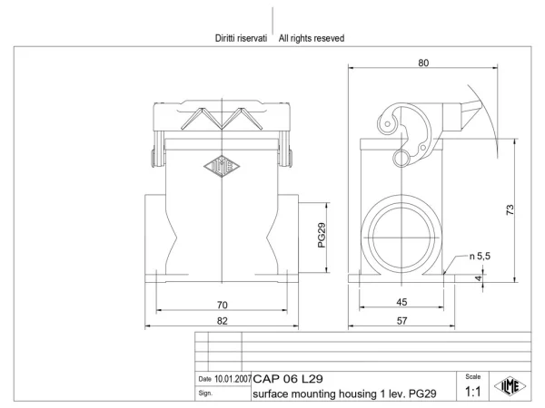 surface mounting housing, high, size 44.27, C-TYPE alu, 1 lever, 1xPG29 side