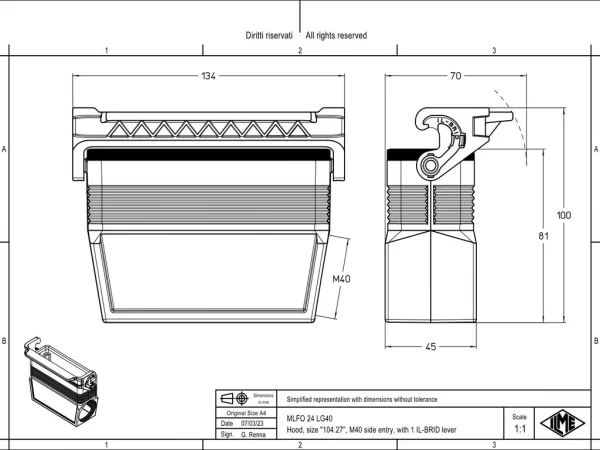 hood, size 104.27, IL-BRID stainless steel, 1 lever, 1xM40 side