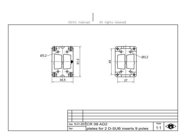 adapter plate, size 44.27, for 2xD-SUB 9p+GND
