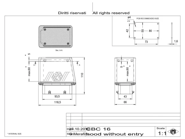 hood, size 77.27, BIG alu, 4 pegs, extended terminal compartment